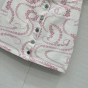 CC 25 Printed Denim Single-breasted Short Skirt Pink White Cotton