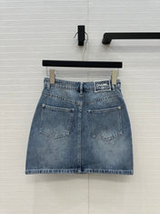 CC 25 Embroidered Short Skirt Blue Denim Cotton