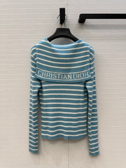 DIOR MUTED BLUE-GREY STRIPED LONG-SLEEVE KNIT SWEATER