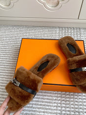 HM 25S GIULIA SANDAL IN BROWN SHEARLING WITH SILVER HARDWARE