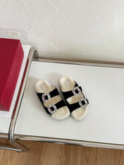 SLIDY VIV’ FUR STRASS BUCKLE MULES IN BLACK SUEDE AND CREAM SHEARLING INSOLE