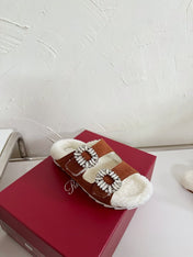SLIDY VIV’ FUR STRASS BUCKLE MULES IN BROWN SUEDE AND CREAM SHEARLING INSOLE