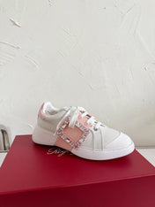 VIV' SKATE SNEAKERS IN WHITE CALFSKIN LIGHT PINK GLITTER STRAP AND CRYSTAL BUCKLE