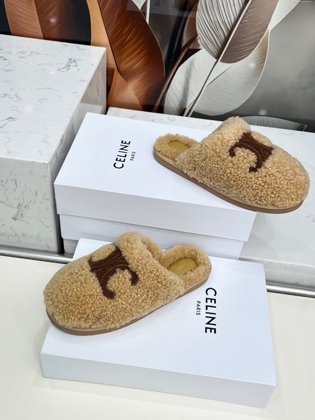 CELINE 25S GEORGIA SLIDE IN SHEARLING IN BROWN