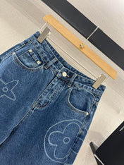 LV HIGH-WAIST LASER-CUT DENIM SHORTS