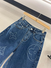 LV HIGH-WAIST LASER-CUT DENIM SHORTS