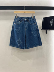 LV HIGH-WAIST LASER-CUT DENIM SHORTS