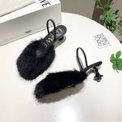 LOEWE 26S OPEN-BACK HIGH HEELS 60MM IN BLACK CALFSKIN WITH FUR