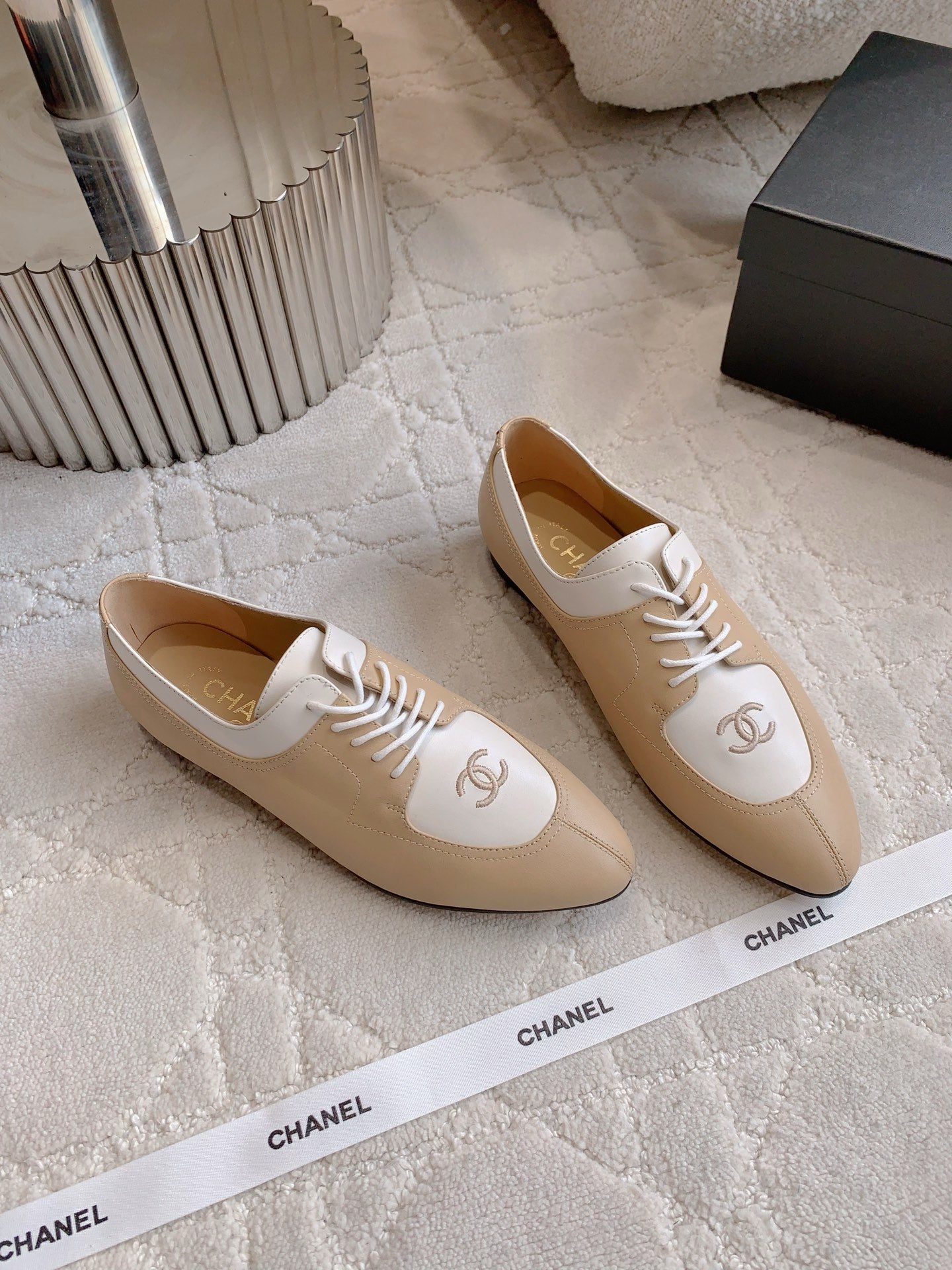 CHANEL 25S TWO TONE LACE UP IN BEIGE CALFSKIN