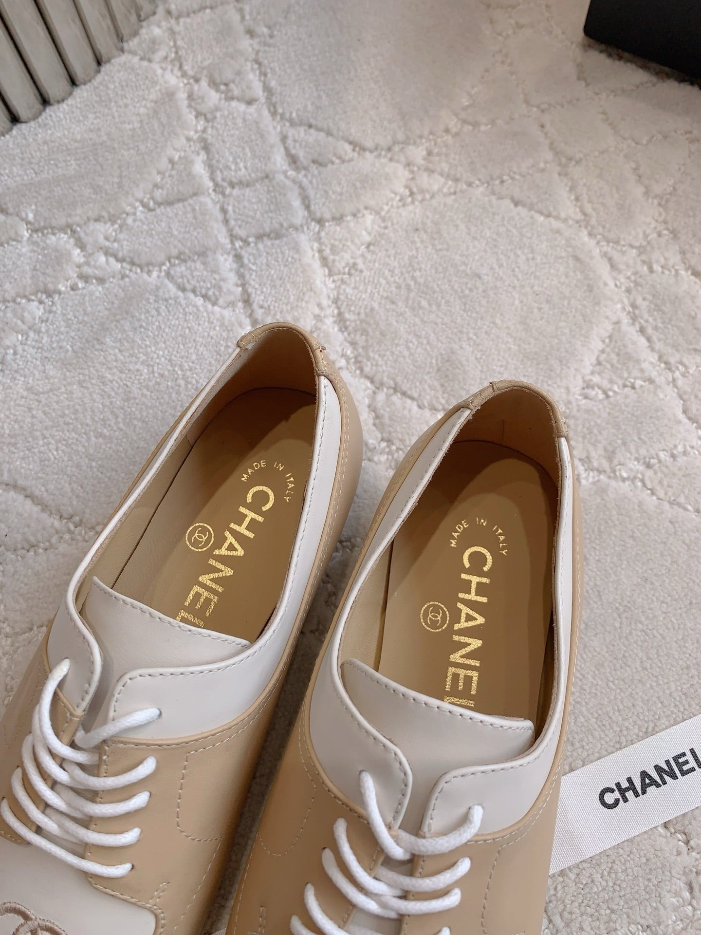 CHANEL 25S TWO TONE LACE UP IN BEIGE CALFSKIN