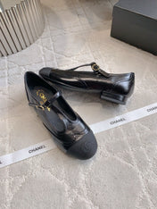 CHANEL 25S MARY JANE IN BLACK FULL CALFSKIN AND CANVAS GOLD HARDWARE