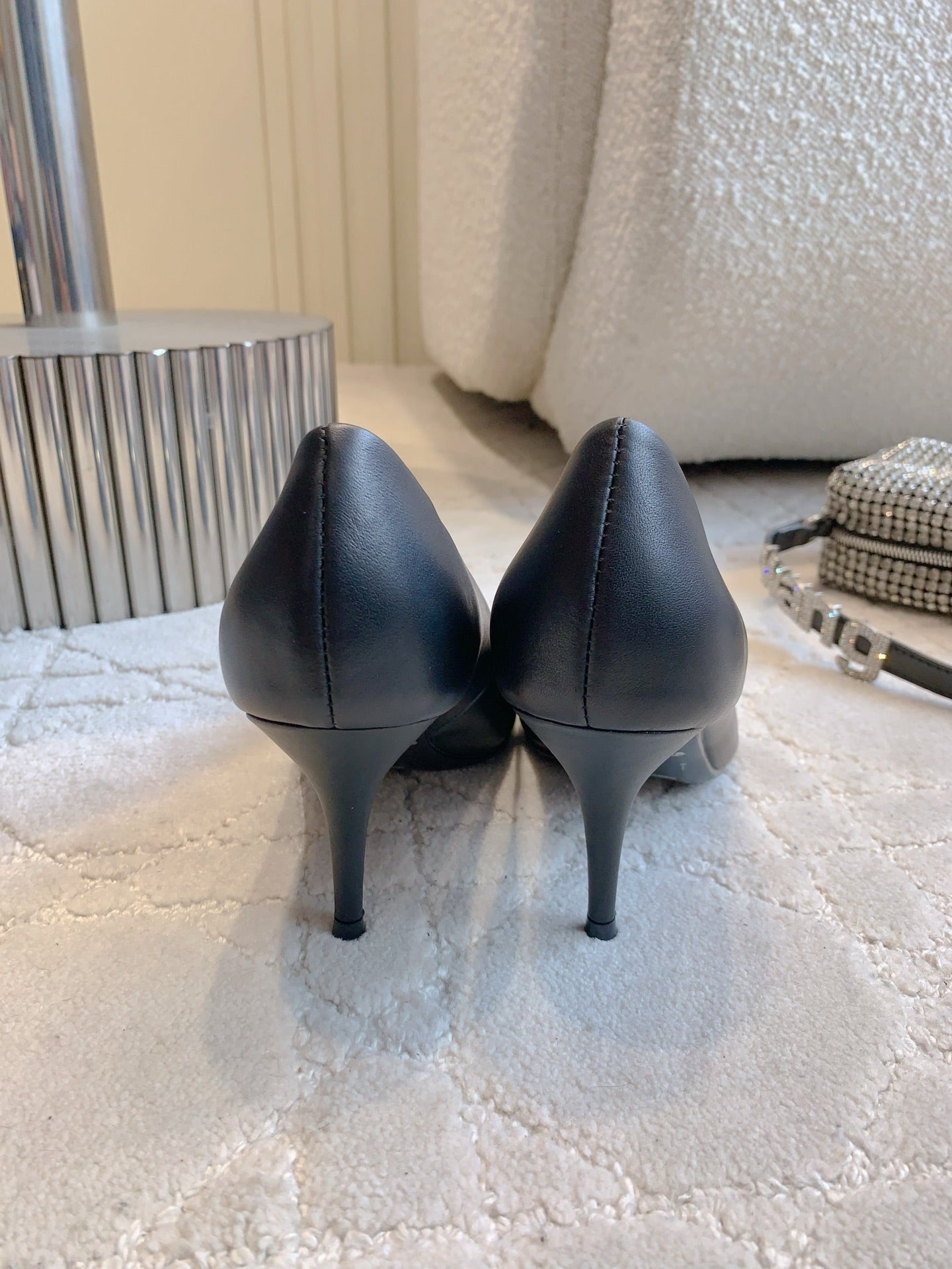 BALENCIAGA 25S POINTED-TOE HIGH HEELS 70 MM IN BLACK CALFSKIN WITH GOLD HARDWARE