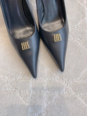 BALENCIAGA 25S POINTED-TOE HIGH HEELS 70 MM IN BLACK CALFSKIN WITH GOLD HARDWARE