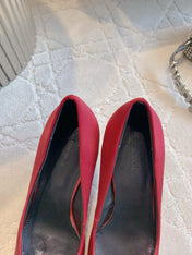 BALENCIAGA 25S POINTED-TOE HIGH HEELS 70 MM IN RED SATIN WITH GOLD HARDWARE