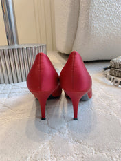 BALENCIAGA 25S POINTED-TOE HIGH HEELS 70 MM IN RED SATIN WITH GOLD HARDWARE