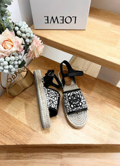 Loew Anagram Black logo White Black Beige Leather And Canvas Espadrille Sandals