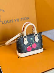 LV 25S NANO ALMA 18 IN DARK BROWN CANVAS MONOGRAM CHERRY PRINT GOLD HARDWARE