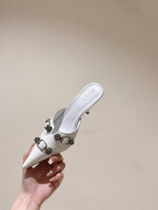 CAGOLE POINTED HIGH MULES IN WHITE SHINY CALFSKIN