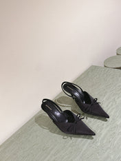 POINTED HIGH SLINGBLACK WITH BOW IN BLACK SILK