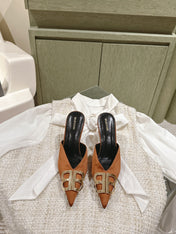 POINTED BB GOLD BUCKLE HIGH MULES IN BROWN RUST SILK