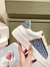 BALMAIN 26S SNEAKERS IN WHITE CALFSKIN AND BLUE CANVAS WITH LIGHT PINK SOLE