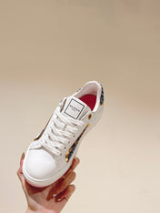 BALMAIN 26S SNEAKERS IN WHITE CALFSKIN AND BLUE CANVAS WITH LIGHT PINK SOLE