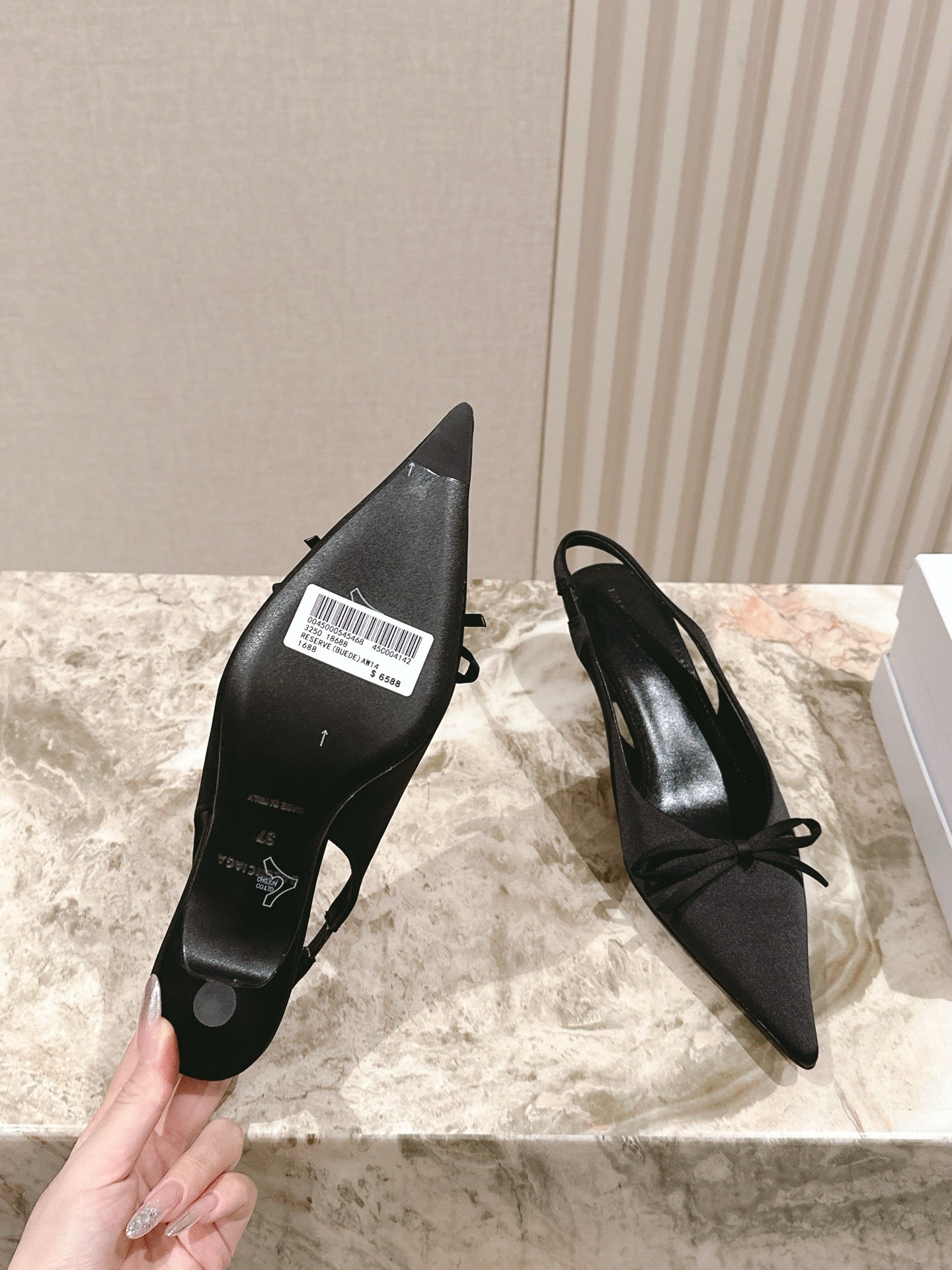BALENCIAGA 25S HIGH SLINGBACK IN BLACK SATIN WITH SMALL BOW