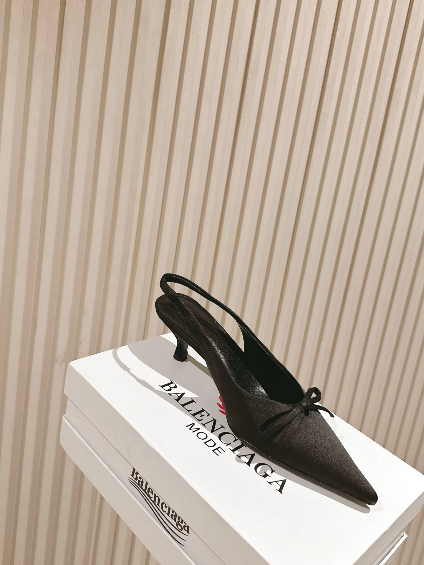 BALENCIAGA 25S HIGH SLINGBACK IN BLACK SATIN WITH SMALL BOW