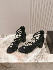 CC HIGH SANDAL 25S IN BLACK LAMBSKIN PEARL FLOWERS