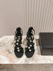 CC HIGH SANDAL 25S IN BLACK LAMBSKIN PEARL FLOWERS
