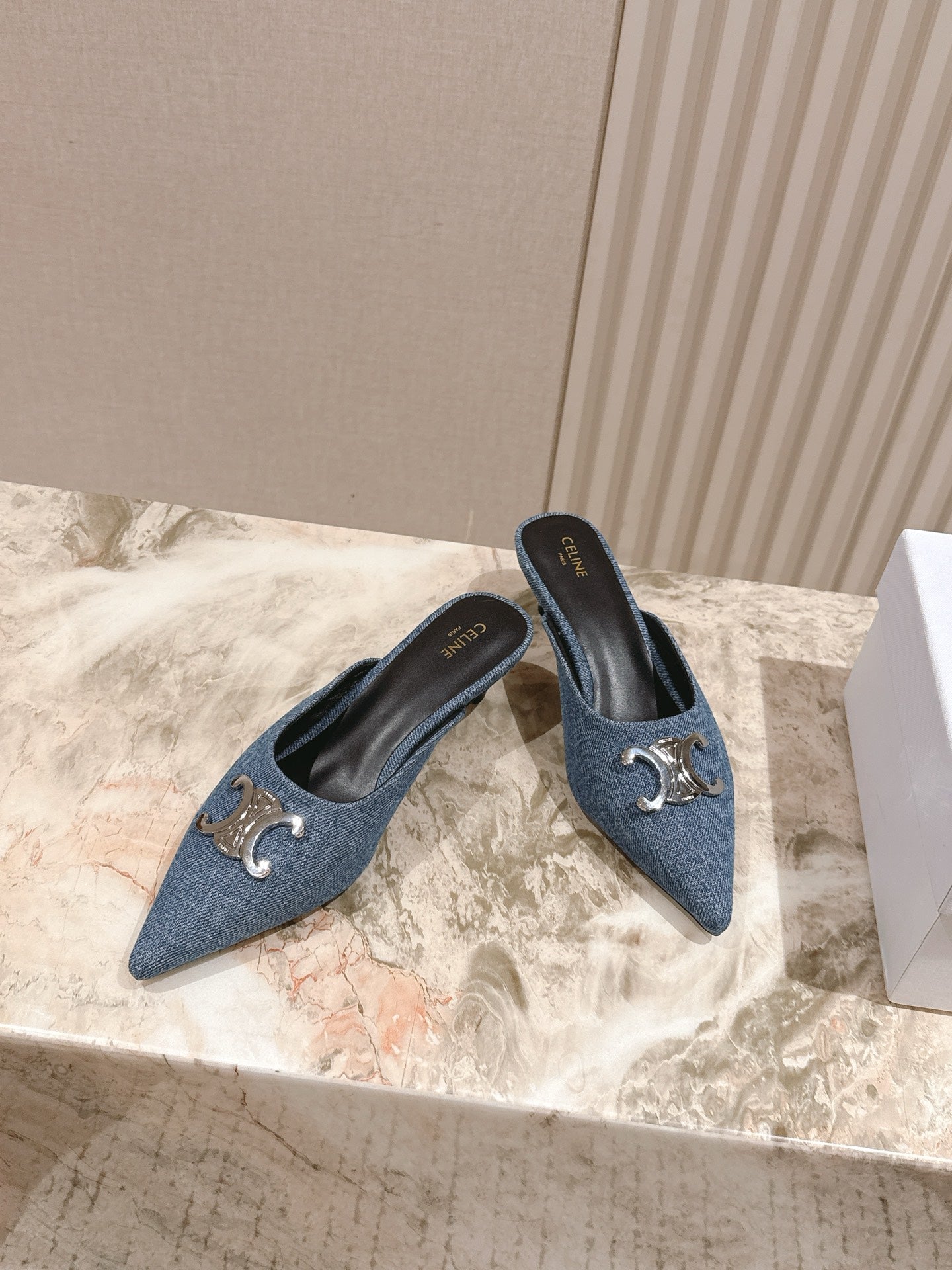 CELINE 25S ALMA TRIOMPHE MULE 45MM IN DENIM SILVER HARDWARE