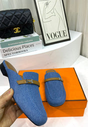 IENA MULE LAPIS CANVAS AND CARAMEL CALFSKIN