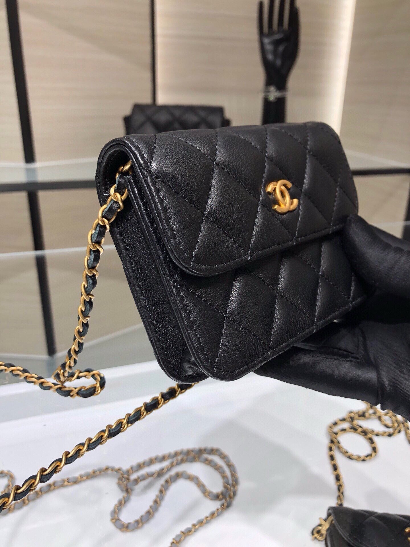 MINI FLAP BAG 12 IN BLACK QUILTED LAMBSKIN GOLD HARDWARE