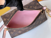 BLOOM POUCH 22 IN BROWN MONOGRAM CANVAS AND PASTEL PINK CALFSKIN SIDES