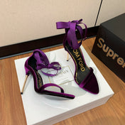 ANKLE SANDAL 10 CM IN PLUM PURPLE VELVET AND SILK