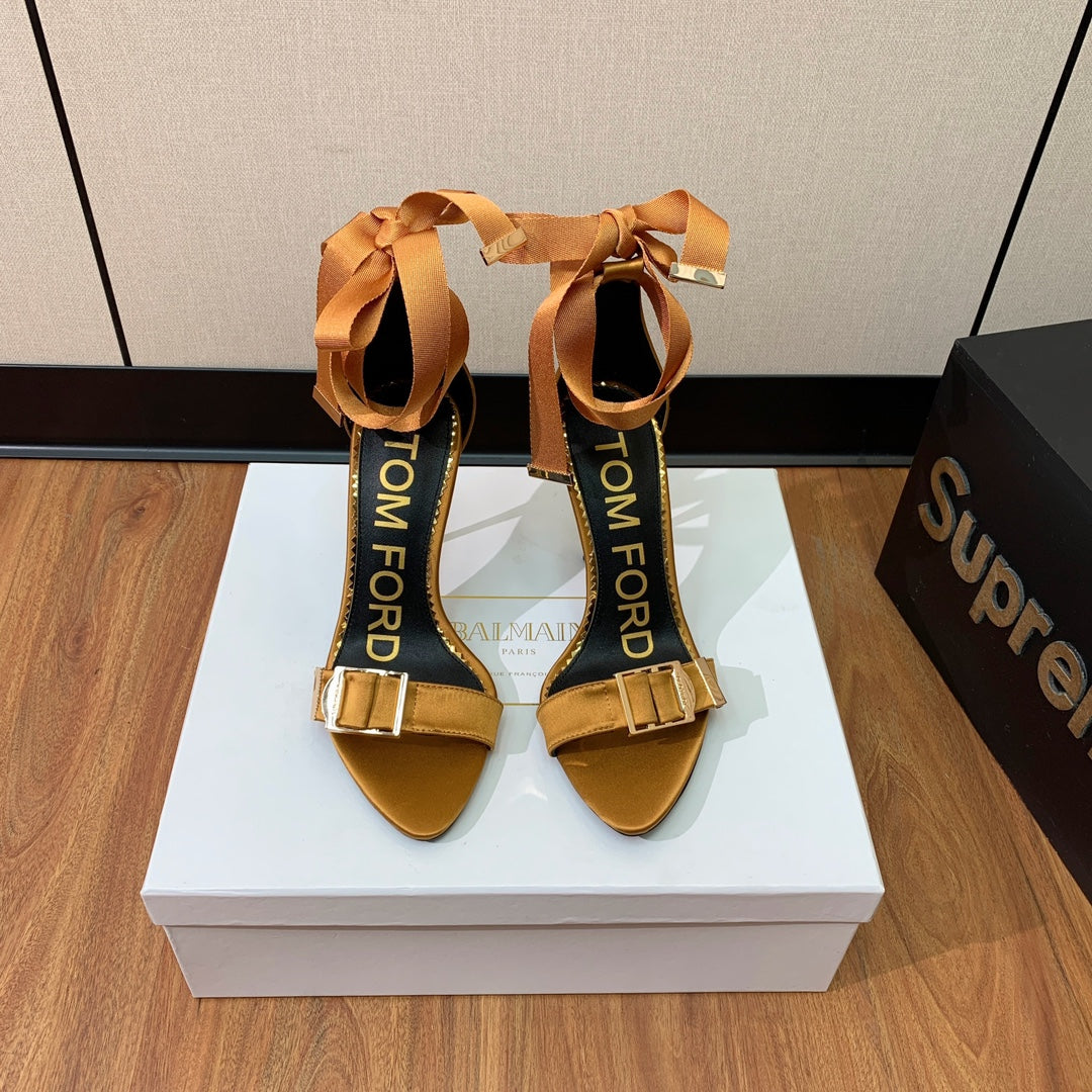 ANKLE SANDAL 10 CM IN CIDER ORANGE SILK AND SHEEPSKIN