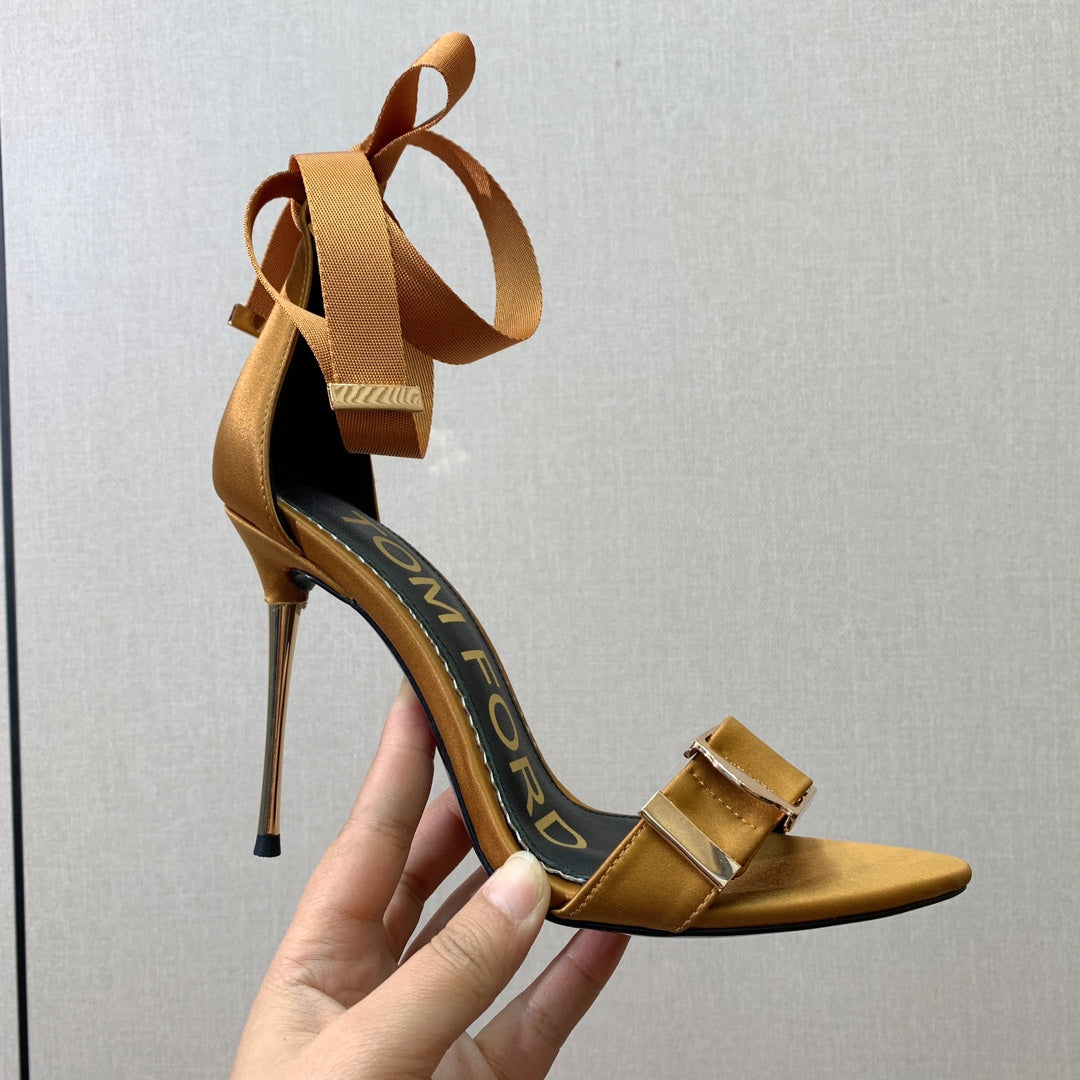 ANKLE SANDAL 10 CM IN CIDER ORANGE SILK AND SHEEPSKIN