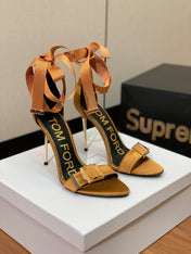 ANKLE SANDAL 10 CM IN CIDER ORANGE SILK AND SHEEPSKIN