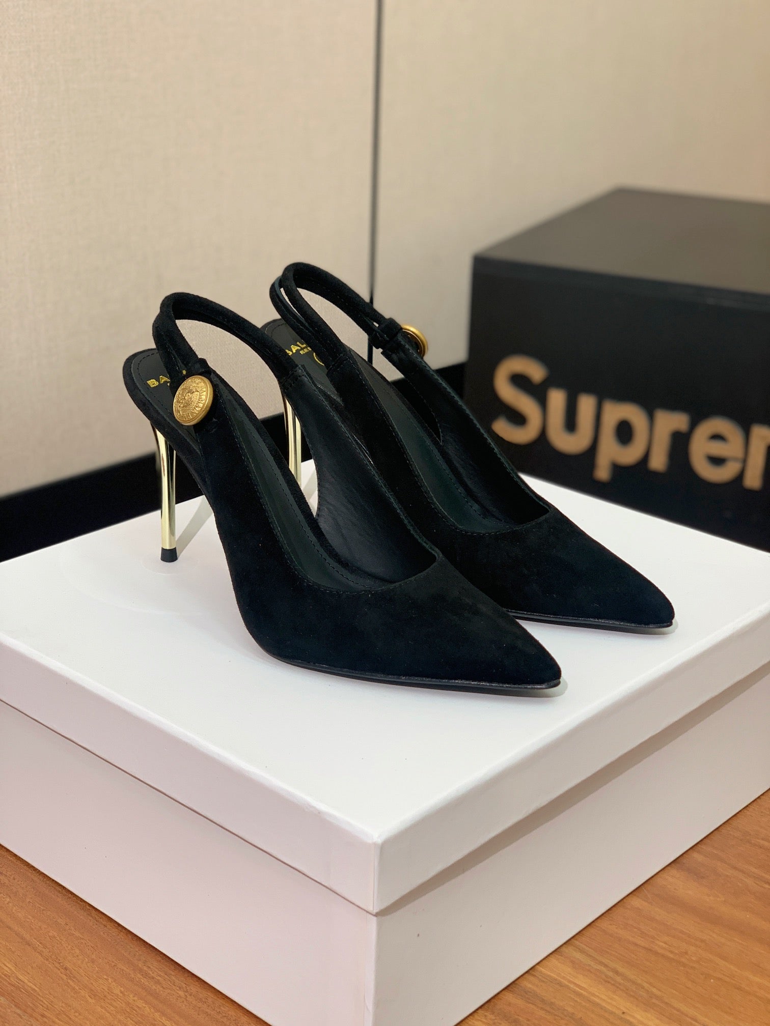 BALMAIN 26S SLINGBACK 95 MM IN BLACK SUEDE