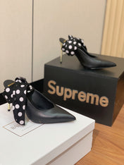 BALMAIN 25S BAKARI MULE WITH MONOCHROME POLKA DOT STRAP 95MM IN BLACK CALFSKIN