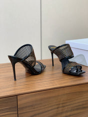 BALMAIN 26S HEEL SANDALS 95 MM IN BLACK MESH FABRIC WITH CRYSTAL EMBELLISHMENT STYLE 1