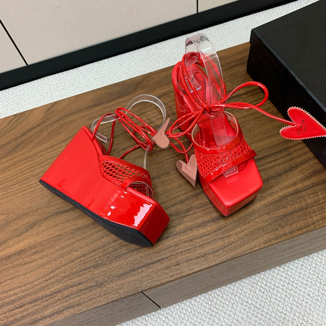 ALAIA BANQUET WEDGE SANDALS IN CHERRY RED LAMBSKIN WITH RED HEART