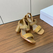 THREE-STRAP HIGH-HEELED EMBROIDERED SANDALS CAMEL BROWN