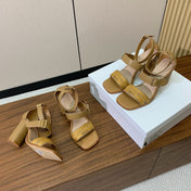 THREE-STRAP HIGH-HEELED EMBROIDERED SANDALS CAMEL BROWN