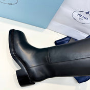 PRADA 25S SQUARE-TOE HIGH-CUT BOOTS IN BLACK CALFSKIN
