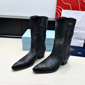 PRADA 25S POINTED-TOE LOW-CUT BOOTS IN BLACK COWHIDE