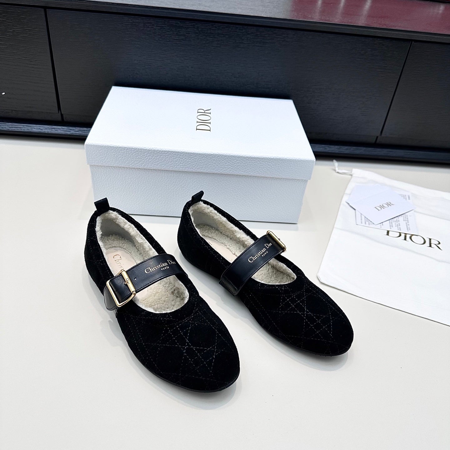 DIOR 26S FROST BALLET FLAT IN BLACK CANNAGE SUEDE AND CALFSKIN