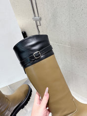 CELINE 26S KNEE-HIGH BOOTS IN OLIVE BROWN AND BLACK CALFSKIN