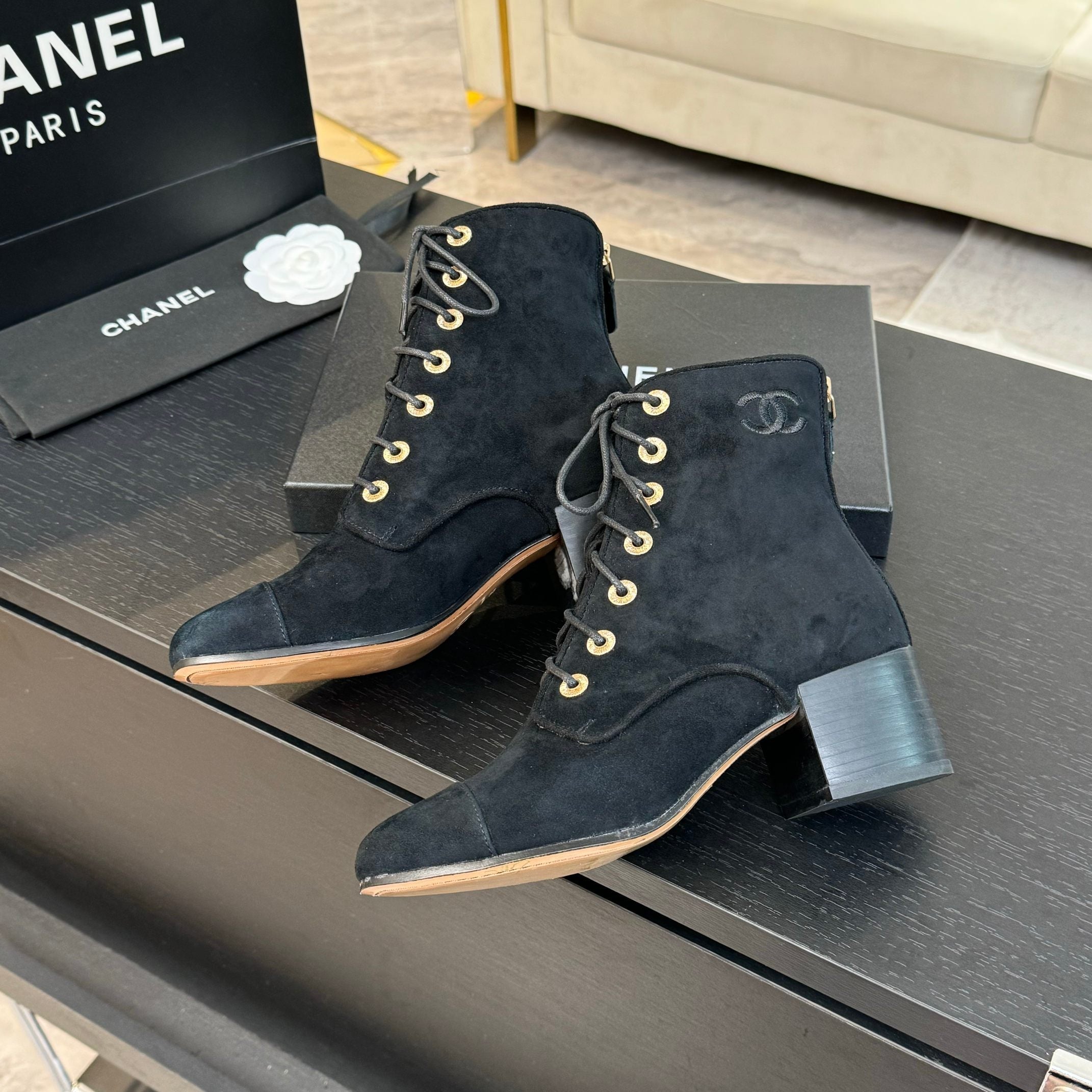 CC LACE-UP SHORT BOOTS IN BLACK SUEDE
