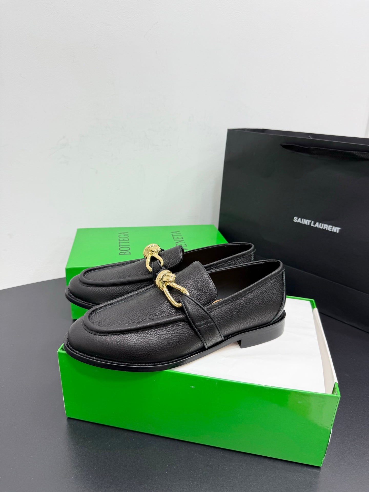 BOTTEGA VENETA 26S LOAFERS IN BLACK GRAINED CALFSKIN WITH GOLD HARDWARE